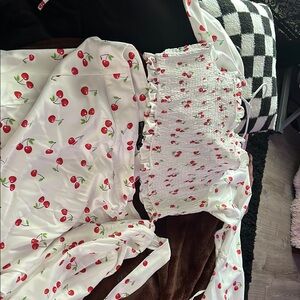 Cherry Print White Top and Skirt Set